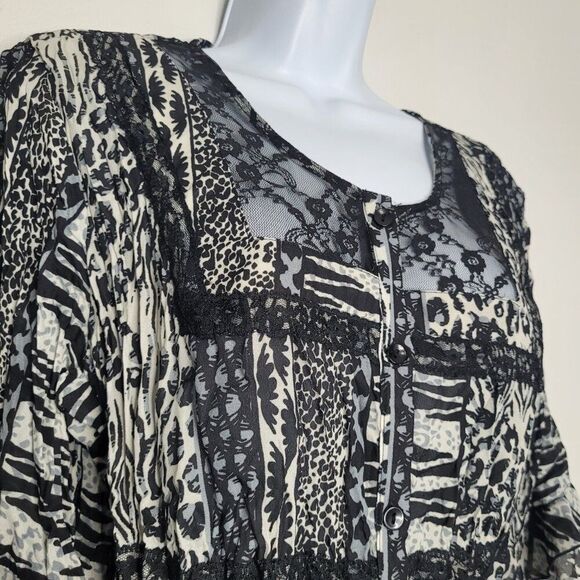 Larry Levine black white mixed print grunge lace abstract art to wear top large - Picture 2 of 7